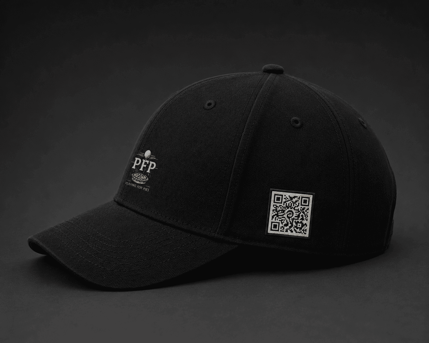 The Playing For Pies hat showing the QR code